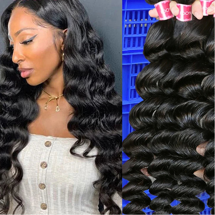 Beaufox 32 Inch Human Hair Bundles Loose Wave Bundles Indian Hair Weave Bundles 1/3/4 PCS Human Hair Extensions Natural Black