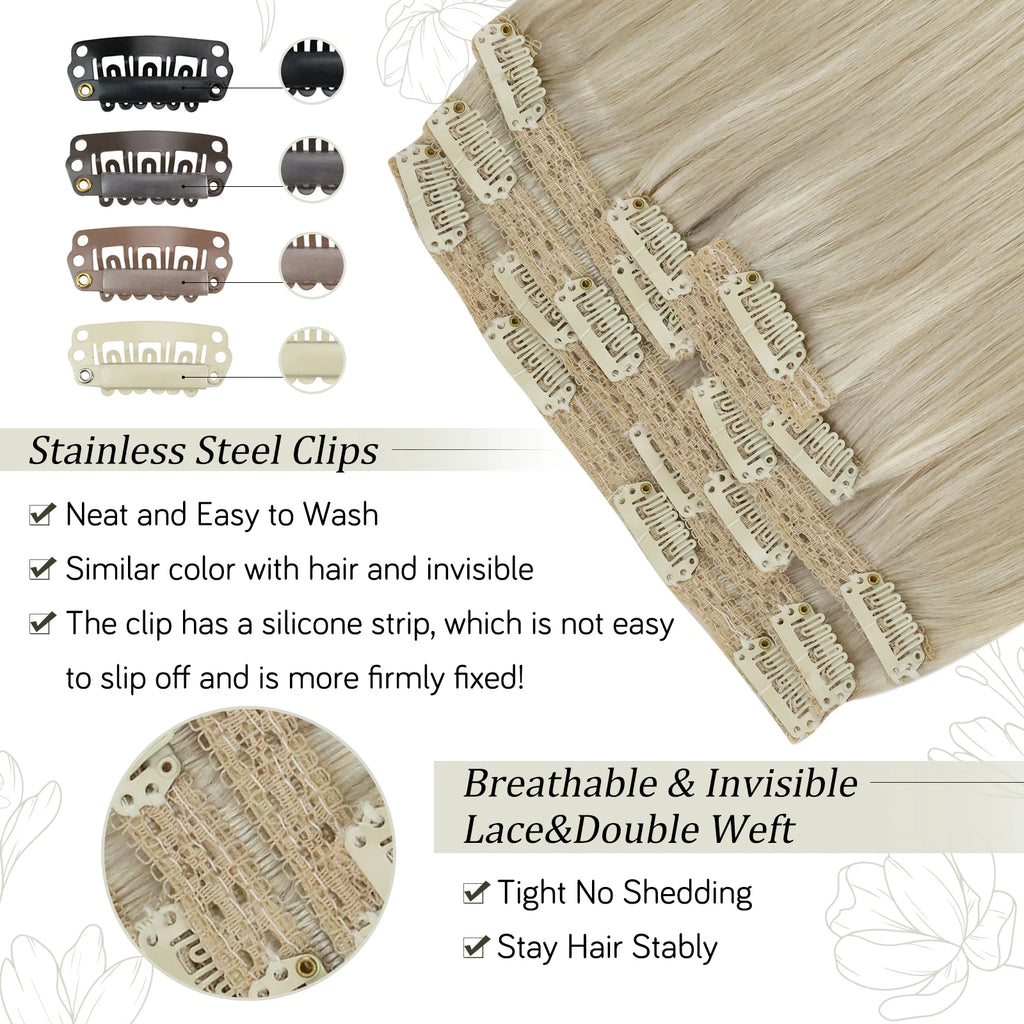 VeSunny Clip in Hair Extensions Human Hair Double Weft Remy Wigs 7pcs Clip on Extensions Dark Brown Blonde 100gr Brazilian Hair