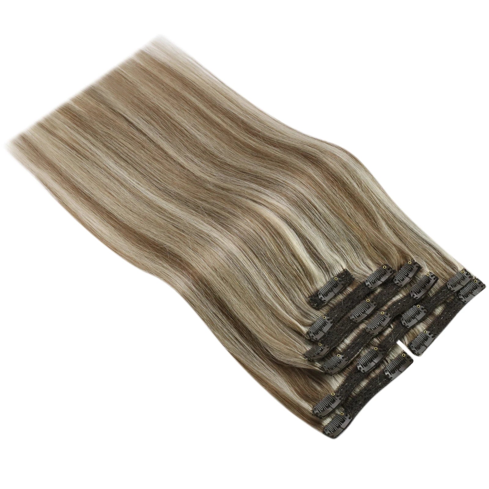 VeSunny Clip in Hair Extensions Human Hair Double Weft Remy Wigs 7pcs Clip on Extensions Dark Brown Blonde 100gr Brazilian Hair