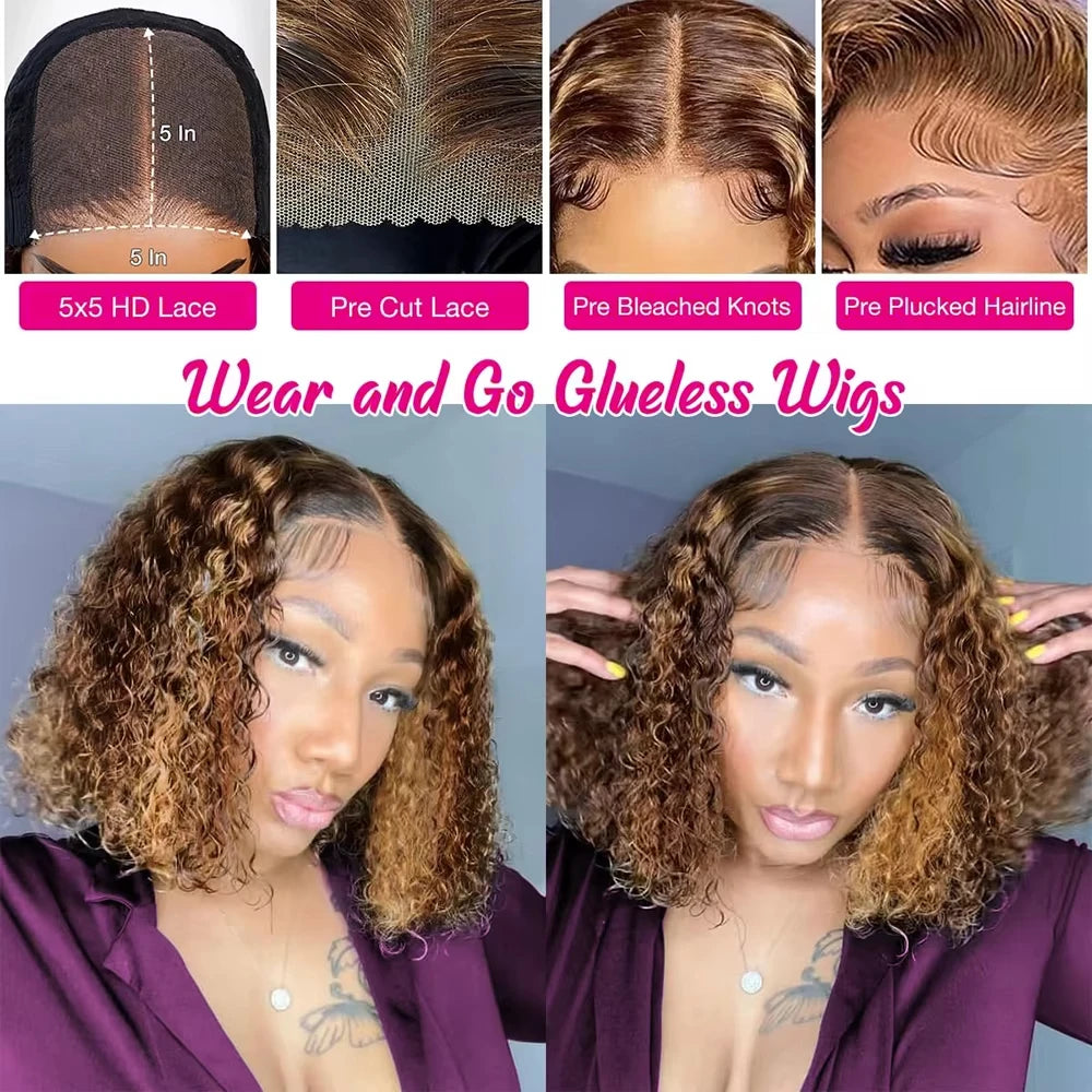 5X5 Hd Lace Closure Bob Wig Human Hair 4/27 Highlight Wear and Go Glueless Wig Deep Wave Curly Honey Blonde Frontal Human Wigs