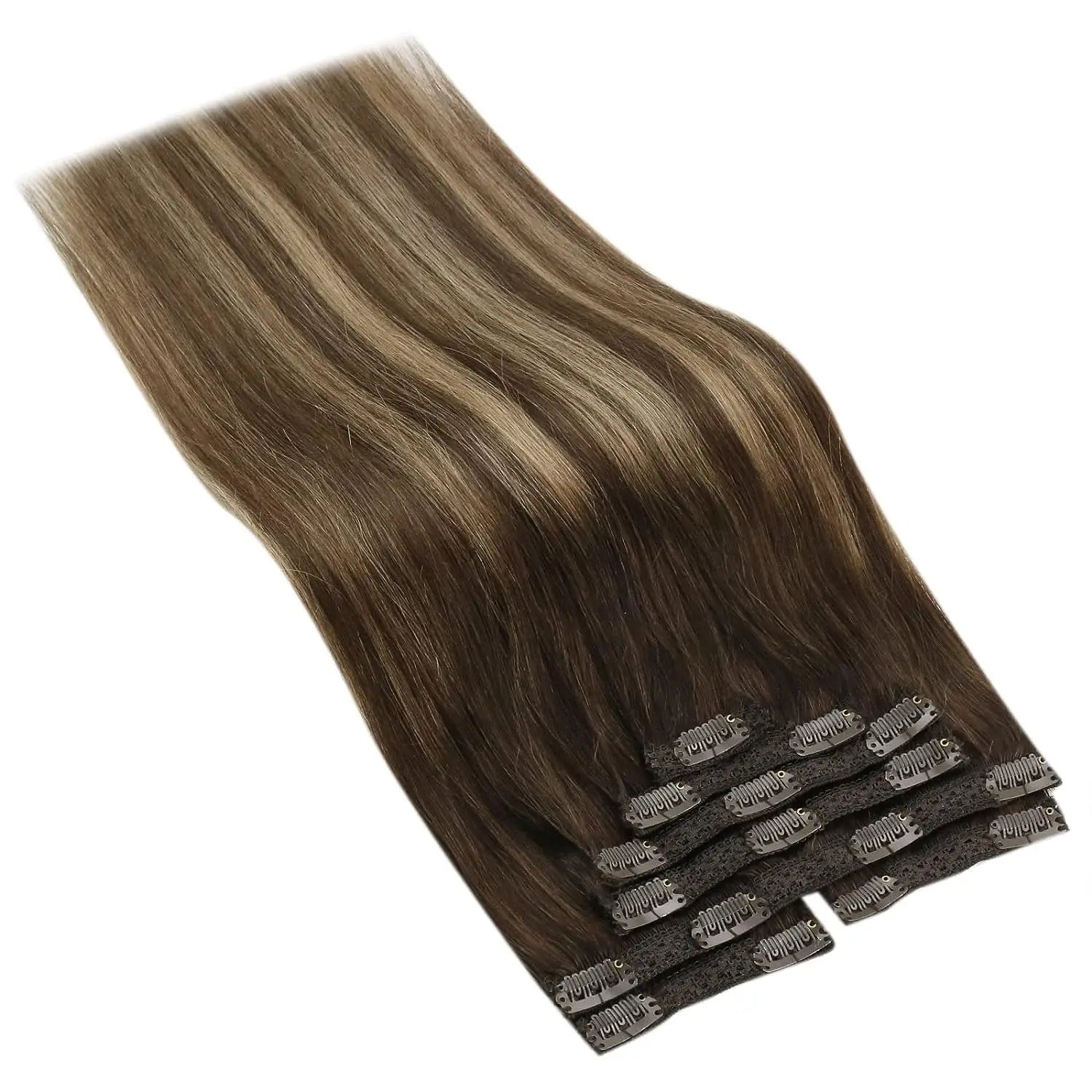 VeSunny Clip in Hair Extensions Human Hair Double Weft Remy Wigs 7pcs Clip on Extensions Dark Brown Blonde 100gr Brazilian Hair
