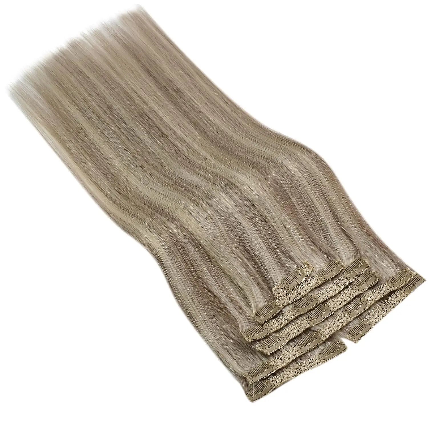 VeSunny Clip in Hair Extensions Human Hair Double Weft Remy Wigs 7pcs Clip on Extensions Dark Brown Blonde 100gr Brazilian Hair