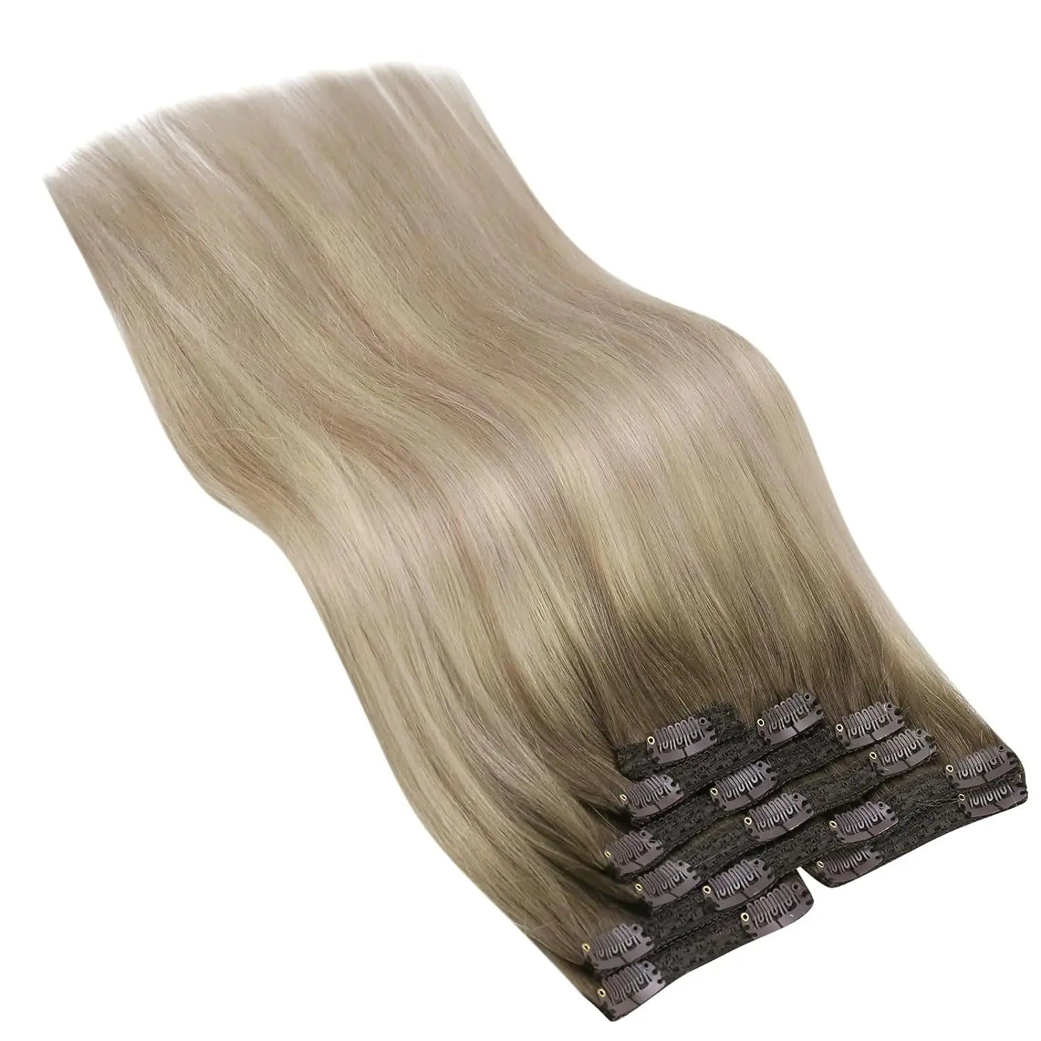 VeSunny Clip in Hair Extensions Human Hair Double Weft Remy Wigs 7pcs Clip on Extensions Dark Brown Blonde 100gr Brazilian Hair