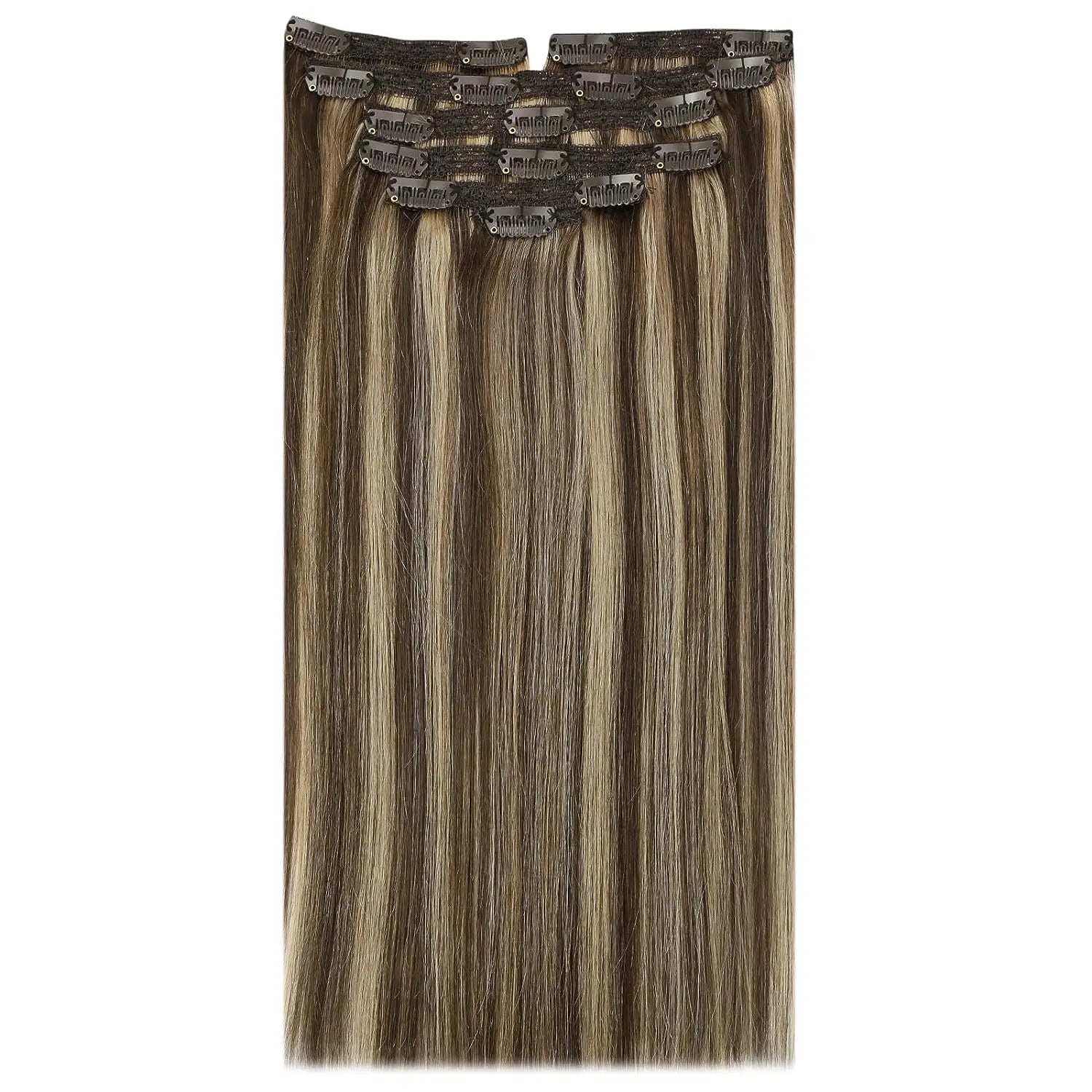 VeSunny Clip in Hair Extensions Human Hair Double Weft Remy Wigs 7pcs Clip on Extensions Dark Brown Blonde 100gr Brazilian Hair