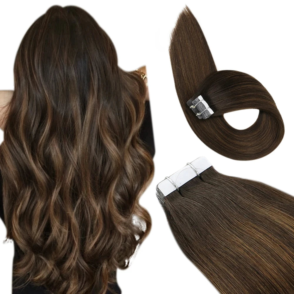 Ugeat Tape in Hair Extensions Human Hair Real Natural Brazilian Remy Hair Straight Seamless Skin Weft For Women Balayage 20P/40P