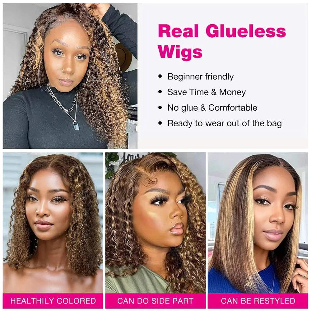 5X5 Hd Lace Closure Bob Wig Human Hair 4/27 Highlight Wear and Go Glueless Wig Deep Wave Curly Honey Blonde Frontal Human Wigs