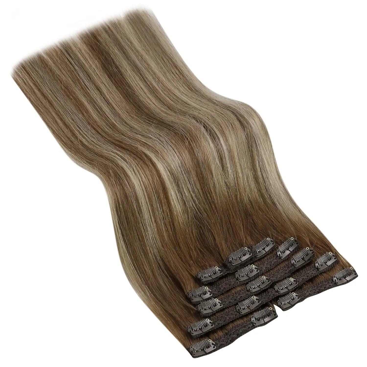 VeSunny Clip in Hair Extensions Human Hair Double Weft Remy Wigs 7pcs Clip on Extensions Dark Brown Blonde 100gr Brazilian Hair