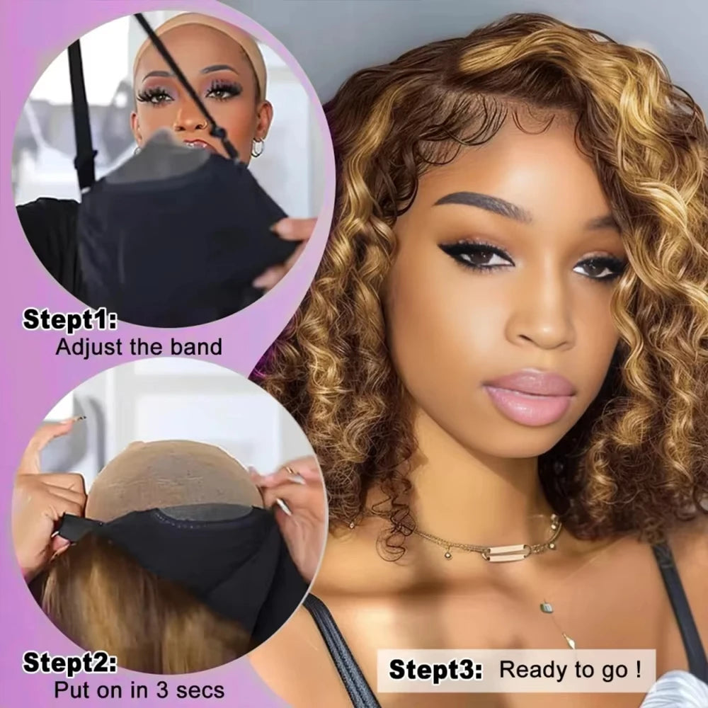 5X5 Hd Lace Closure Bob Wig Human Hair 4/27 Highlight Wear and Go Glueless Wig Deep Wave Curly Honey Blonde Frontal Human Wigs