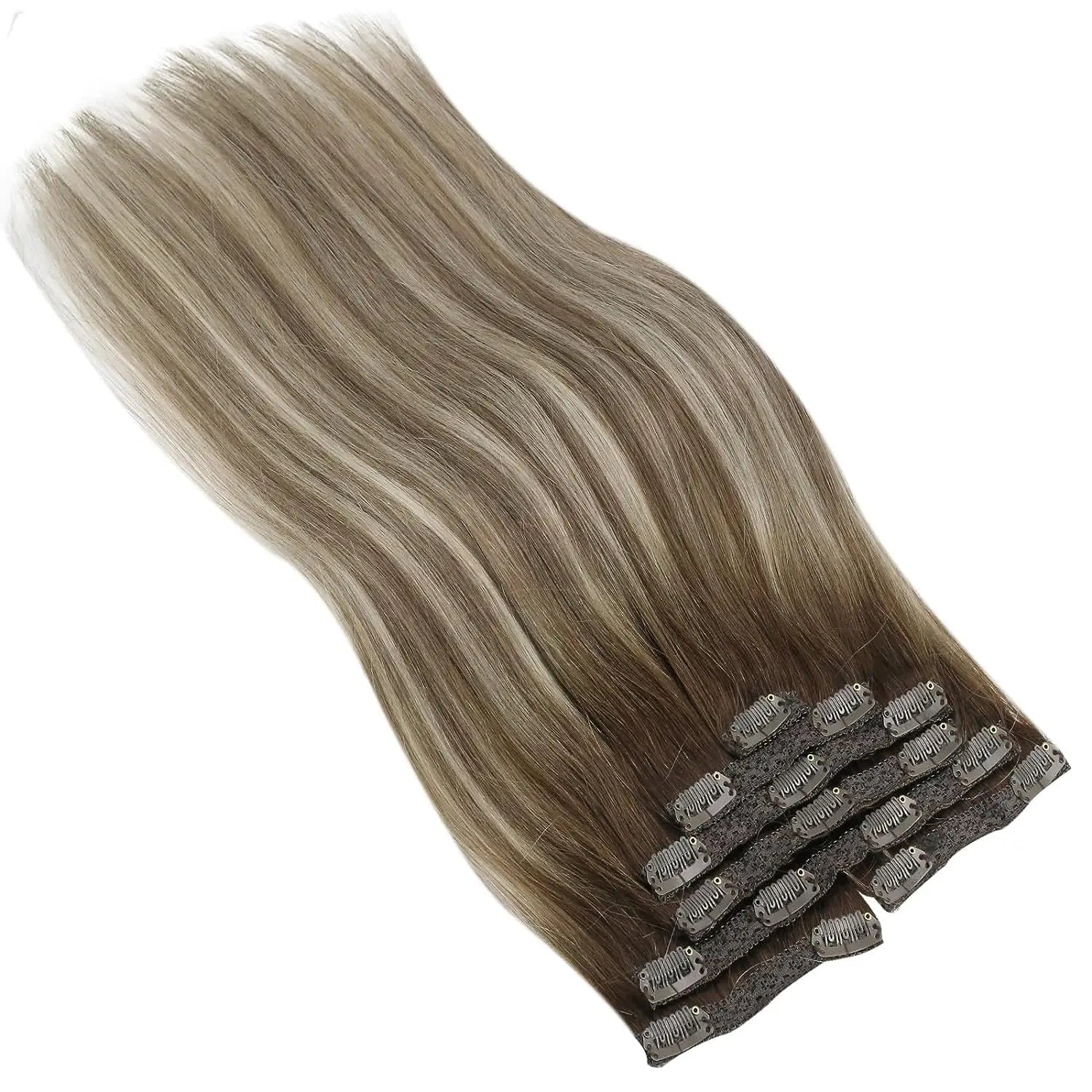 VeSunny Clip in Hair Extensions Human Hair Double Weft Remy Wigs 7pcs Clip on Extensions Dark Brown Blonde 100gr Brazilian Hair