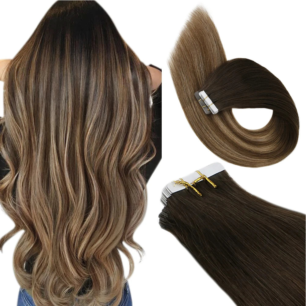 Ugeat Tape in Hair Extensions Human Hair Real Natural Brazilian Remy Hair Straight Seamless Skin Weft For Women Balayage 20P/40P