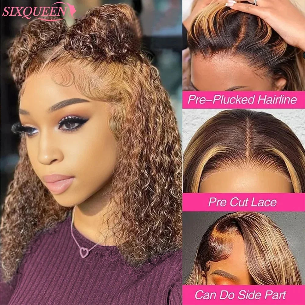 5X5 Hd Lace Closure Bob Wig Human Hair 4/27 Highlight Wear and Go Glueless Wig Deep Wave Curly Honey Blonde Frontal Human Wigs